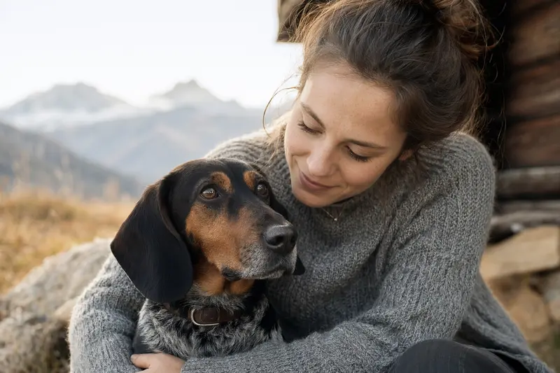 Nahaufnahme eines aufmerksamen Alpenländische-Erzgebirgler Dachsbracke Hundes im sanften Licht, das Vertrauen und Freundlichkeit ausstrahlt.